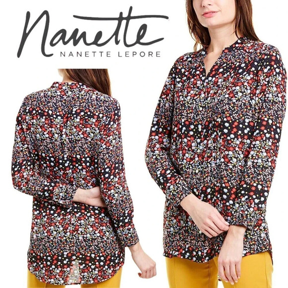 Nanette by Nanette Lepore, Button Down Shirt, Tunic in Floral Print, Black - Picture 1 of 6